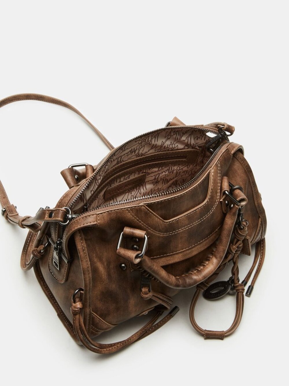 NEW STEVE MADDEN RIGGS BAG BROWN DISTRESSED Womens Top Handle Crossbody Purse - Picture 3 of 5